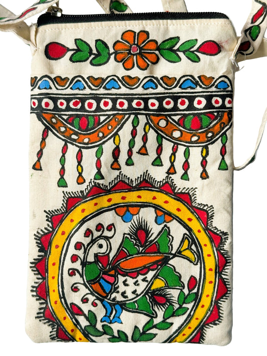 Madhubani Hand-Painted Cotton Mobile Pouch – Colourful Mithila Art, Single Zipper Pocket, Handmade in India ((Peacock)