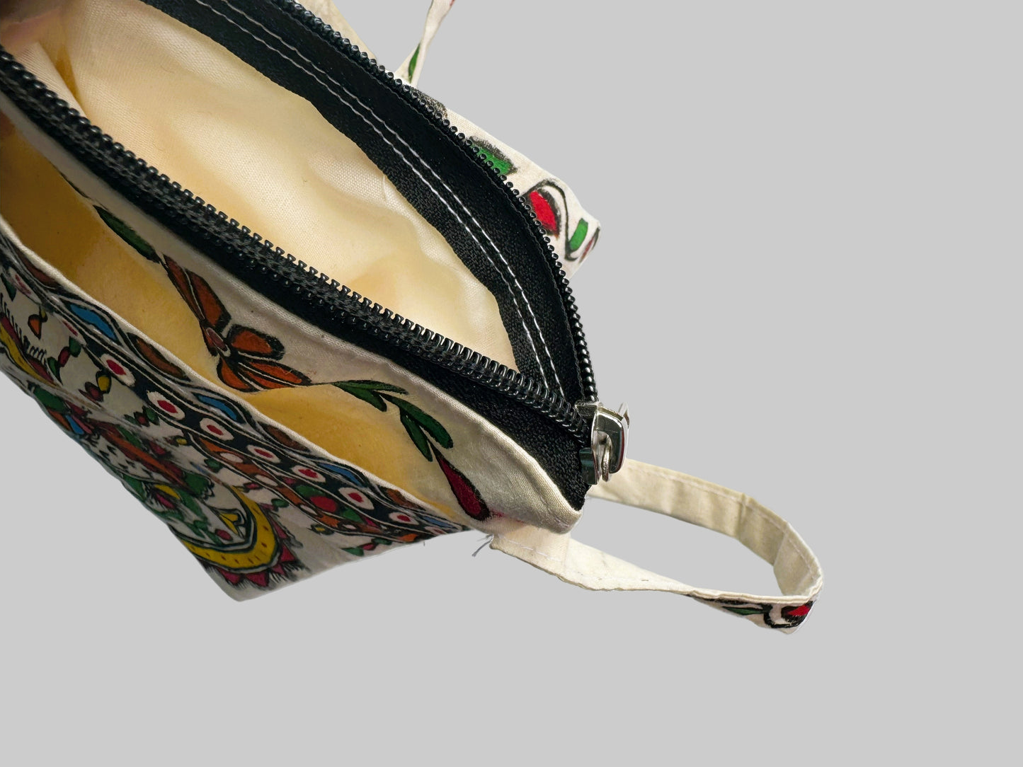 Madhubani Hand-Painted Cotton Mobile Pouch – Colourful Mithila Art, Single Zipper Pocket, Handmade in India ((Peacock)