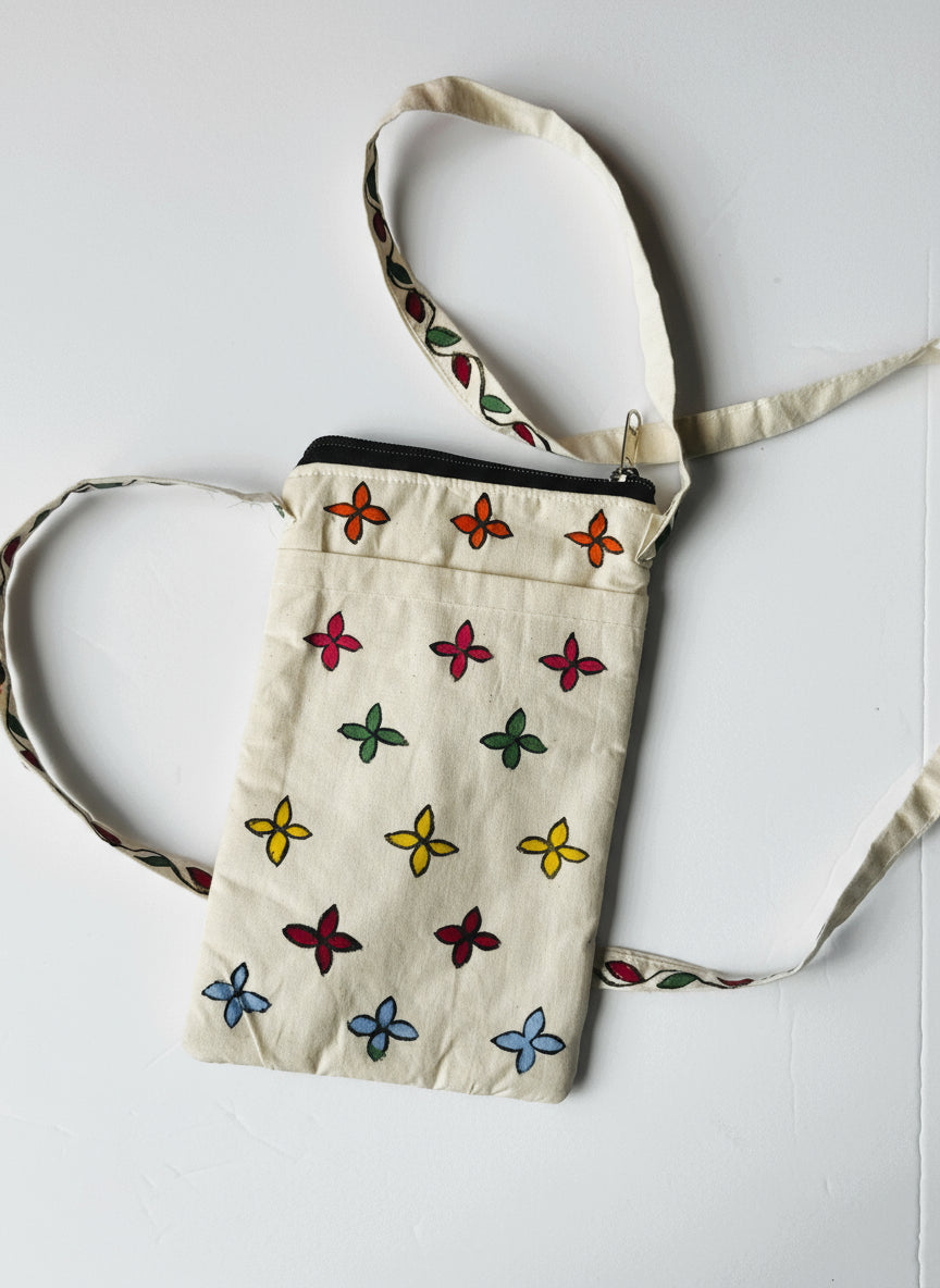 Madhubani Hand-Painted Cotton Mobile Pouch – Colourful Mithila Art, Single Zipper Pocket, Handmade in India ((Peacock)