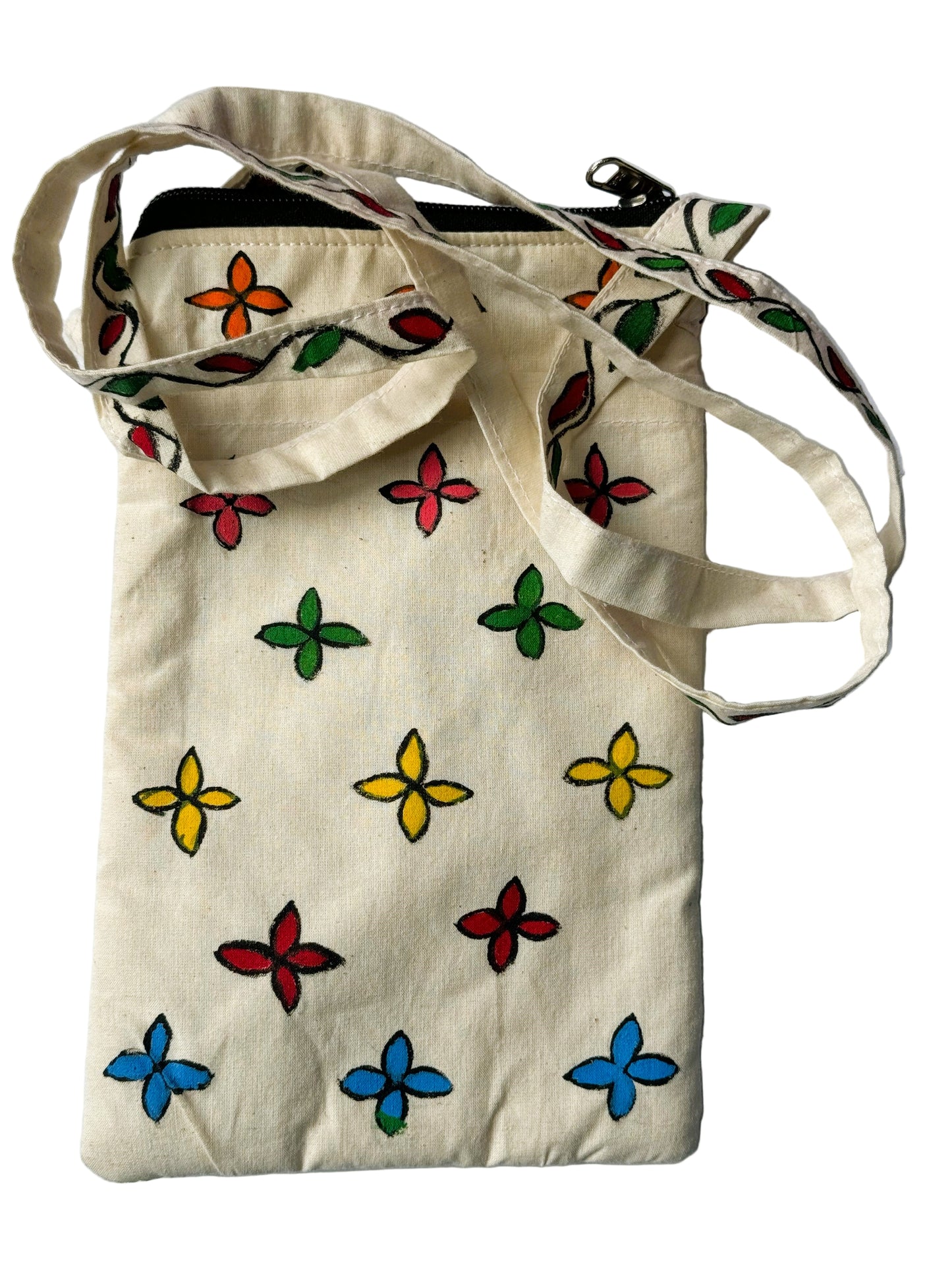 Madhubani Hand-Painted Cotton Mobile Pouch – Colourful Mithila Art, Single Zipper Pocket, Handmade in India ((Peacock)