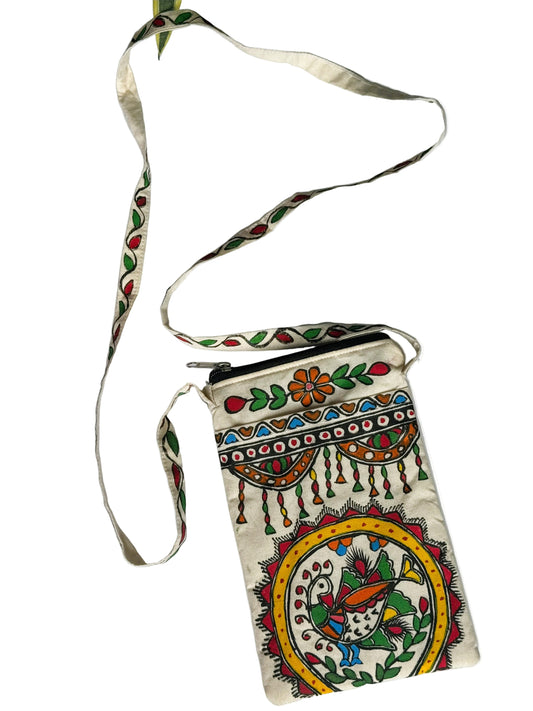 Madhubani Hand-Painted Cotton Mobile Pouch – Colourful Mithila Art, Single Zipper Pocket, Handmade in India ((Peacock)