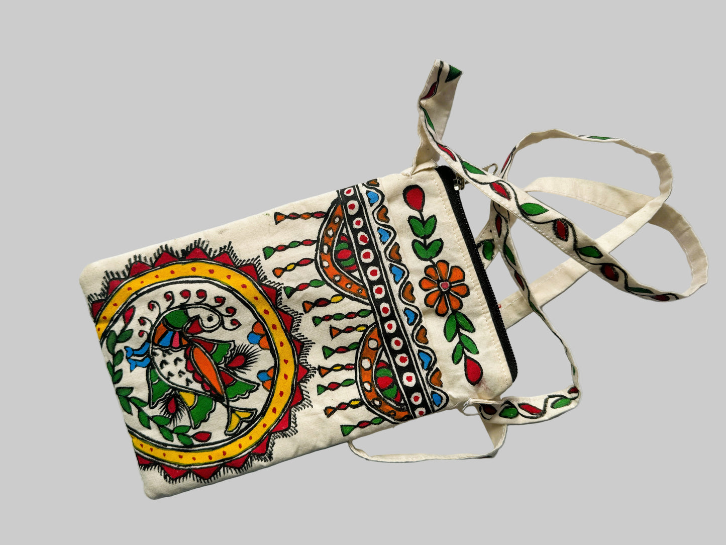 Madhubani Hand-Painted Cotton Mobile Pouch – Colourful Mithila Art, Single Zipper Pocket, Handmade in India ((Peacock)